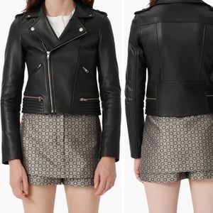 Maje Leather Jacket Navy Blue lamb skin leather